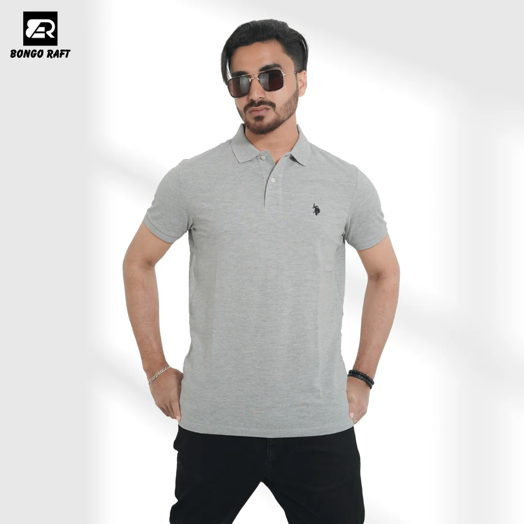 U.S. Polo Men Solid Polo Neck Pure Cotton Grey T-Shirt